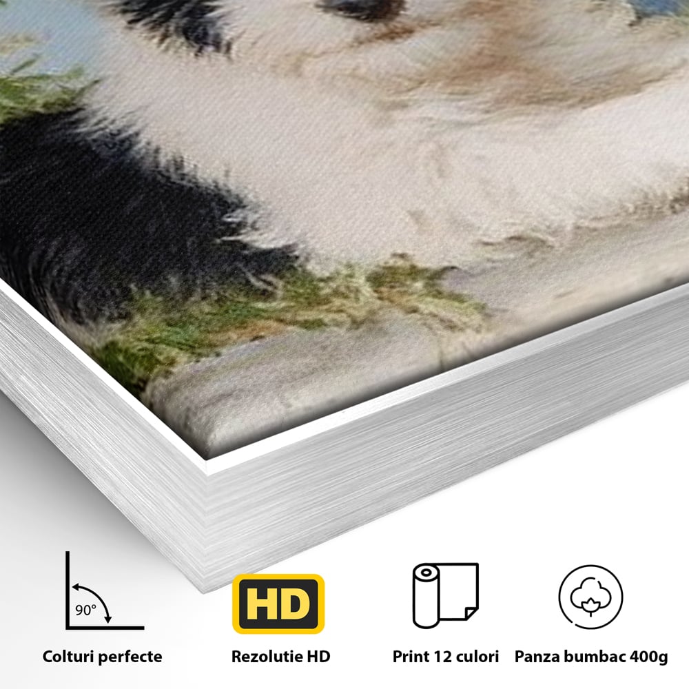 Detaliu al suprafetei: tablou canvas cu pui de caine, in rama de aluminiu argintiu